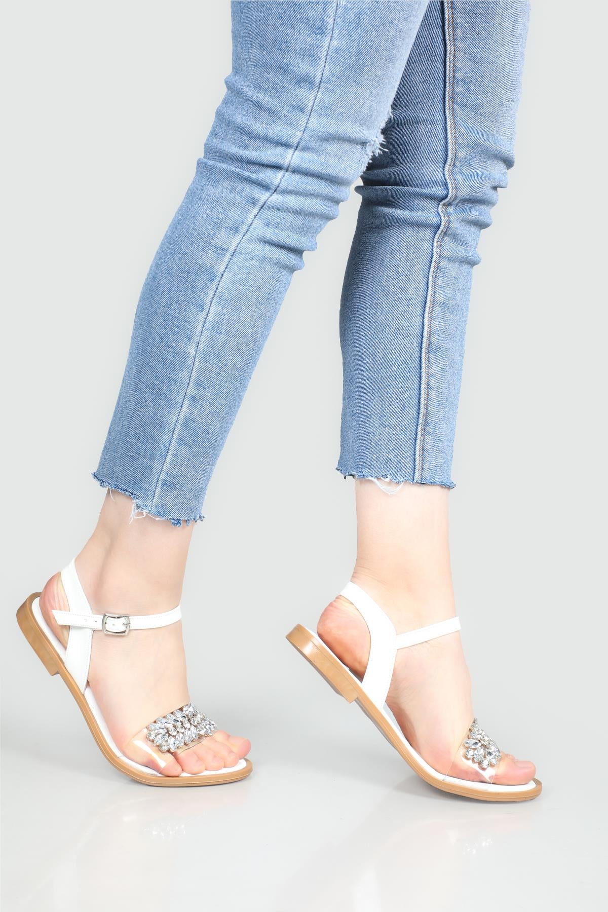 Taşlı Düz Taban Beyaz Kadın Sandalet A-2504 Kadın Düz Sandalet Carla Bella My Bella A-2504 22Y