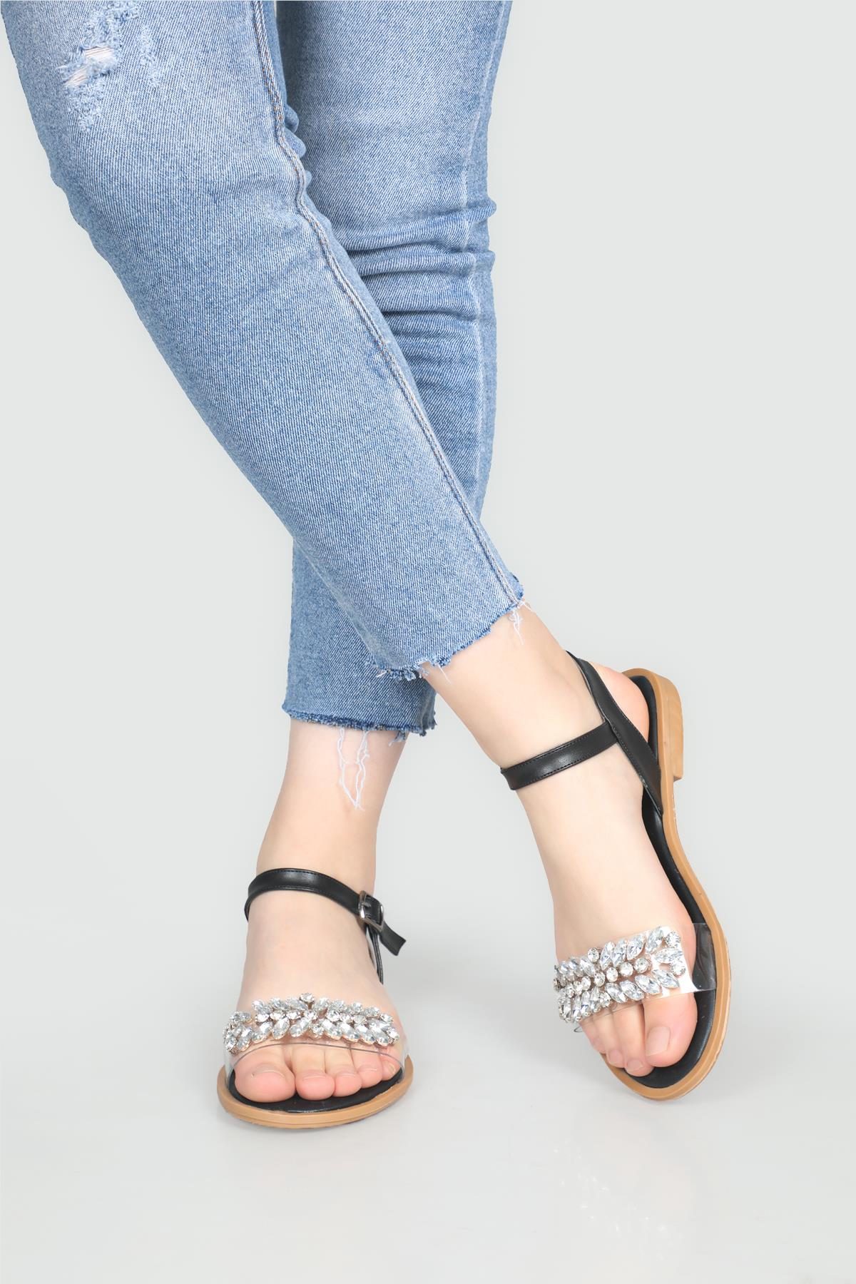 Taşlı Düz Taban Siyah Kadın Sandalet A-2504 Kadın Düz Sandalet Carla Bella My Bella A-2504 22Y