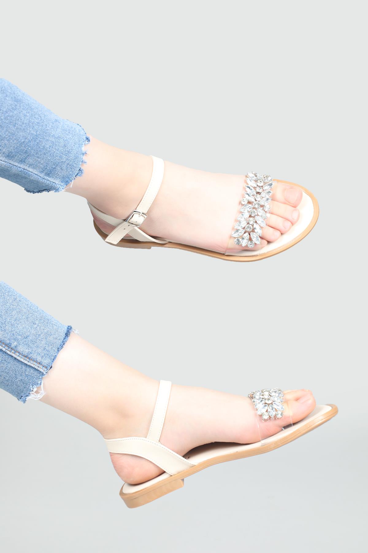 Taşlı Düz Taban Ten Kadın Sandalet A-2504 Kadın Düz Sandalet Carla Bella My Bella A-2504 22Y