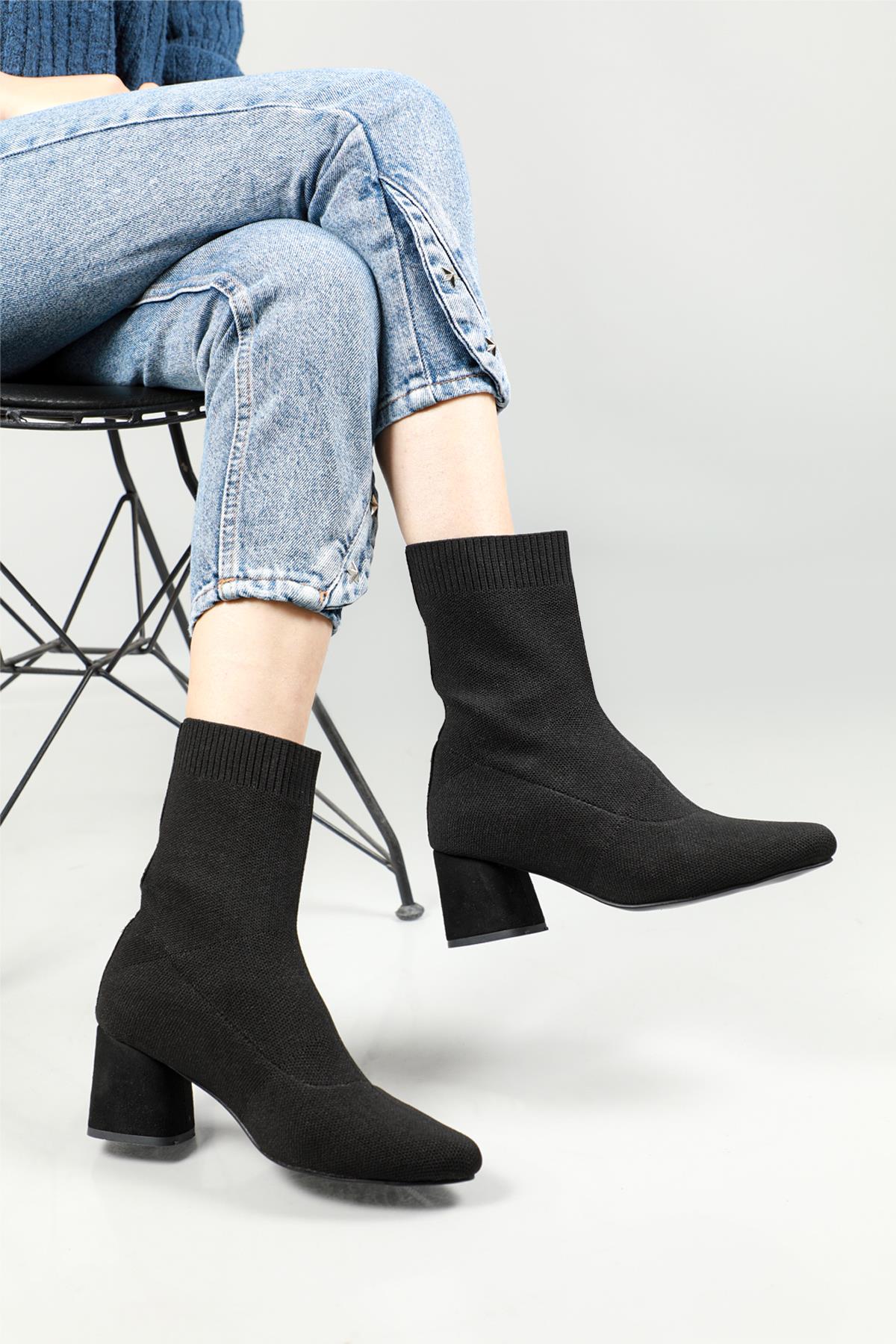 Topuklu Triko Siyah Kadın Bot OLİVİA Kadın Klasik Bot Carla Bella My Bella Olivia Triko Bot