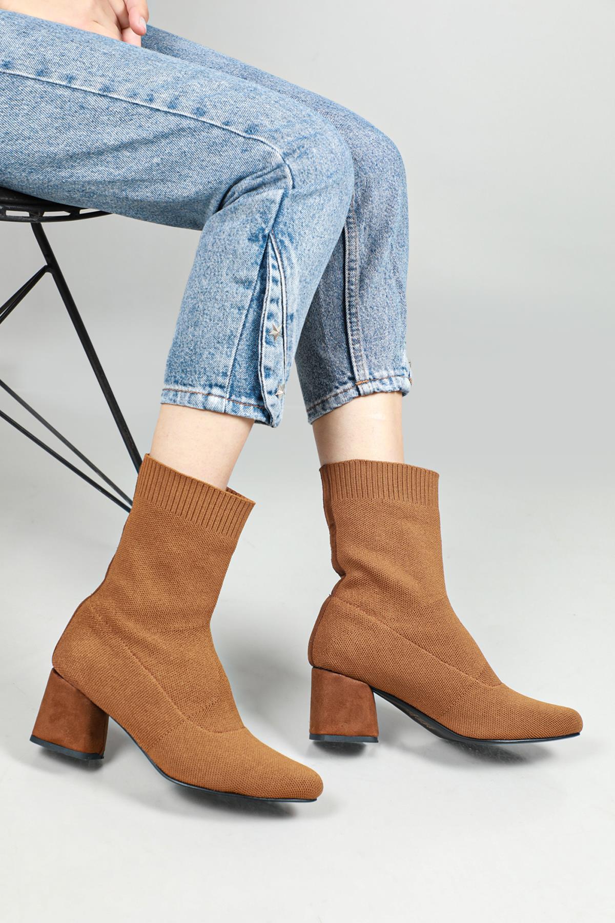 Topuklu Triko Taba Kadın Bot OLİVİA Kadın Klasik Bot Carla Bella My Bella Olivia Triko Bot