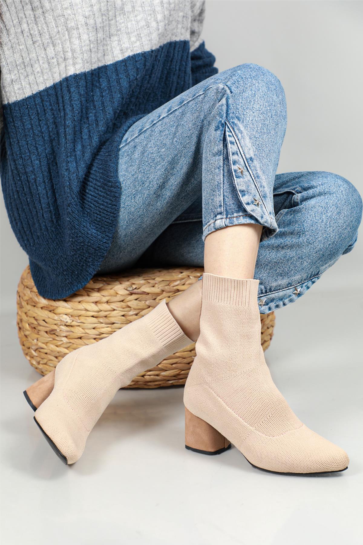 Topuklu Triko Vizon Kadın Bot OLİVİA Kadın Klasik Bot Carla Bella My Bella Olivia Triko Bot