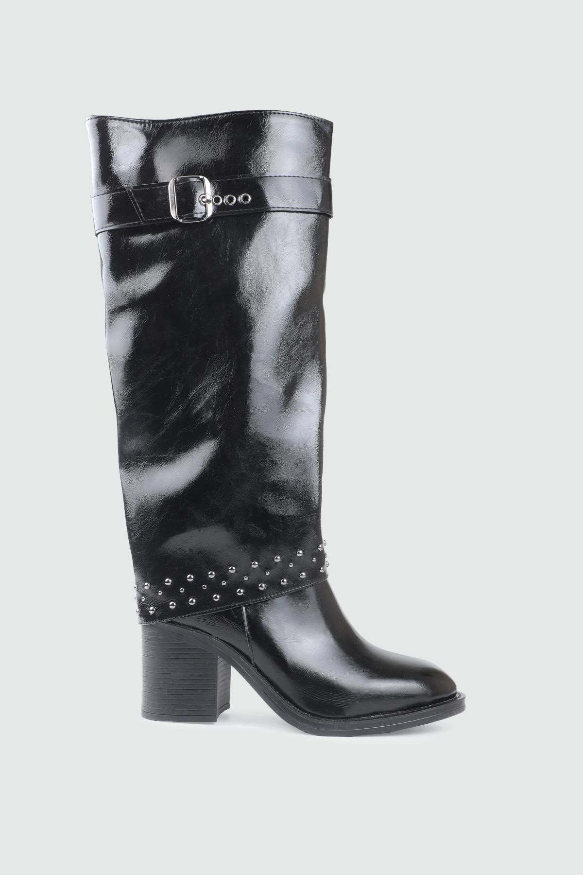 Troklu Fermuarlı Uzun Siyah Kırışık Rugan Kemer Detaylı Kadın Çizme My Bella GK-801 Kadın Çizme MY BELLA My Bella GK-801 Kadın 25K