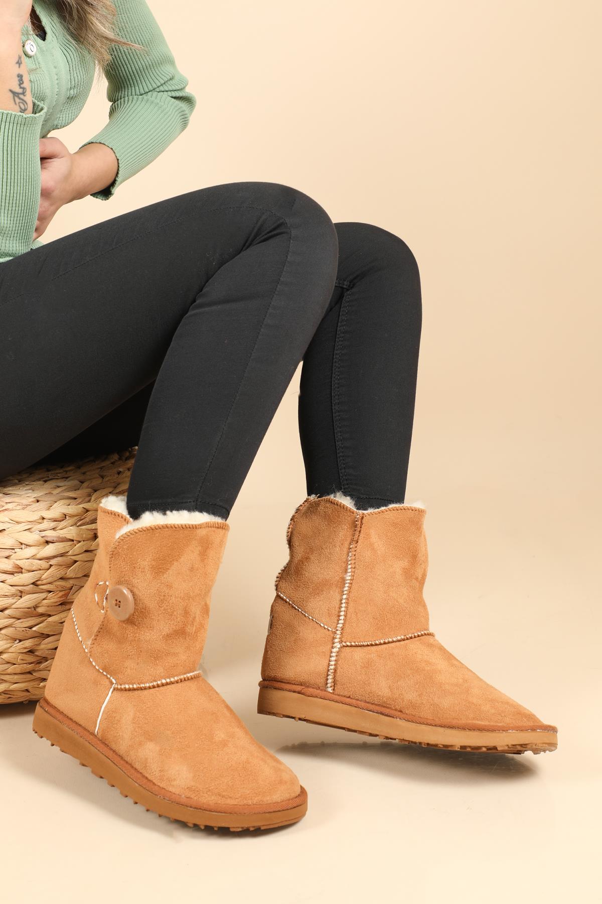 Ucc Taba Kadın Terlik DÜĞMELİ TÜYLÜ Kadın Ev Botu Carla Bella UGG Düğmeli Bot