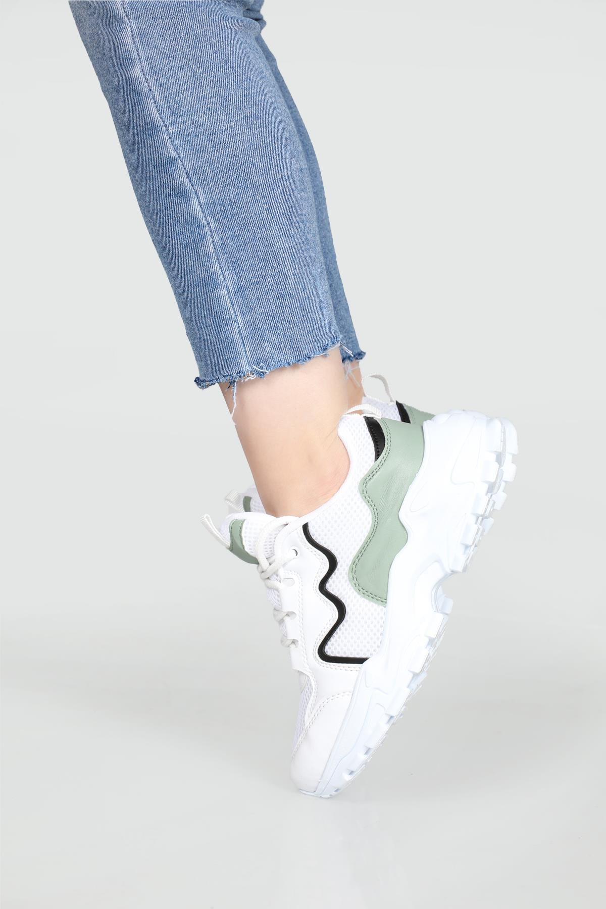 Yüksek Tabanlı Rahat Nefes Alır Beyaz Yeşil Kadın Spor Ayakkabı Z-02 Kadın Sneaker Beınsteps Beinsteps Z-02 Anoraklı 22Y