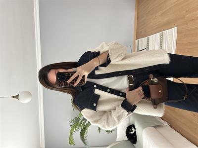  Denim Detaylı Ekru Renk Yün Ceket 