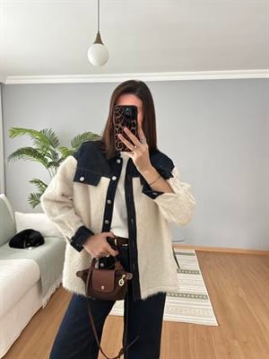  Denim Detaylı Ekru Renk Yün Ceket 