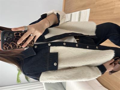  Denim Detaylı Ekru Renk Yün Ceket 