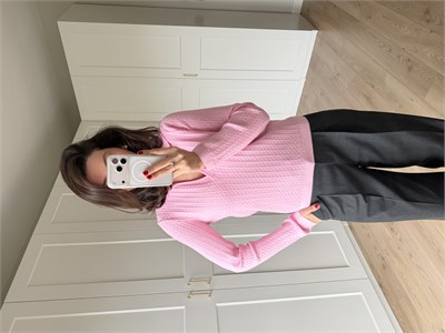  Örgü Model Pembe Renk Polo Yaka Triko
