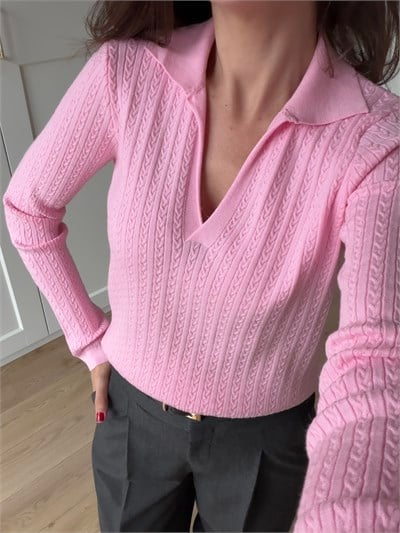  Örgü Model Pembe Renk Polo Yaka Triko