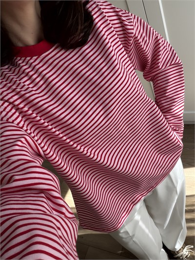 Arkası Yazı Baskılı Kırmızı Pembe Çizgili Sweatshirt 