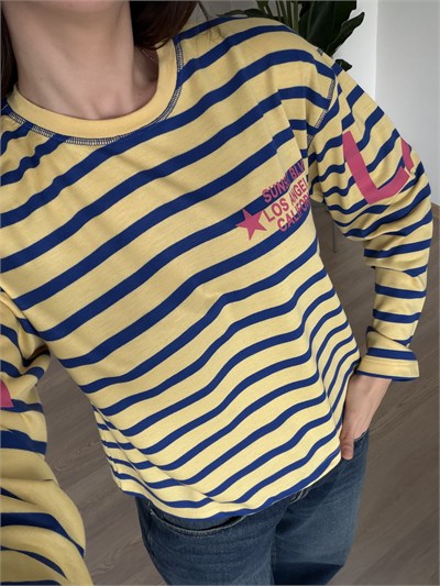Arkası Yazı Baskılı Lacivert Sarı Çizgili Sweatshirt 