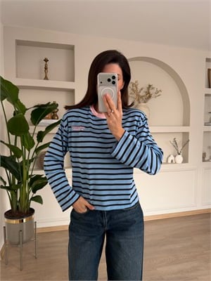 Arkası Yazı Baskılı Mavi Kahve Çizgili Sweatshirt 