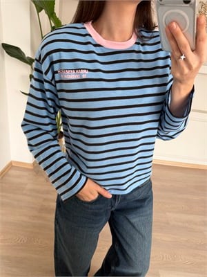 Arkası Yazı Baskılı Mavi Kahve Çizgili Sweatshirt 