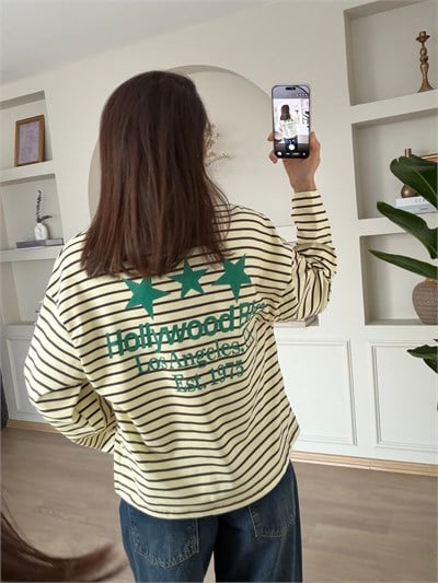 Arkası Yazı Baskılı Sarı Kahve Çizgili Sweatshirt 