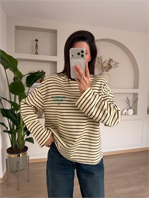 Arkası Yazı Baskılı Sarı Kahve Çizgili Sweatshirt 
