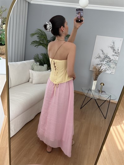 Azahar Beli Lastikli Pembe Renk Etek