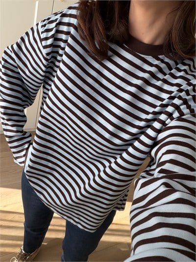 Bebe Mavisi Kahve Çizgili Sweatshirt 