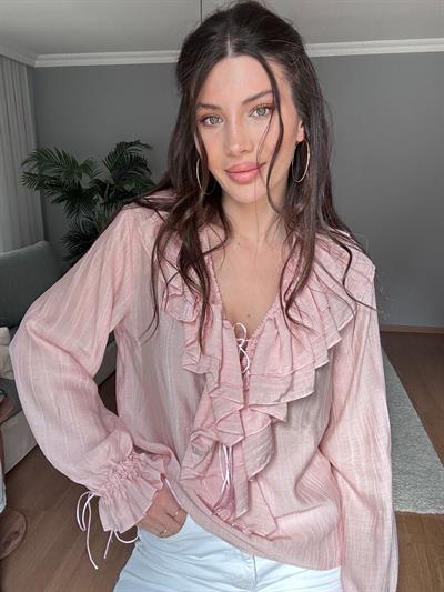 Pembe Fırfırlı Bohem Bluz