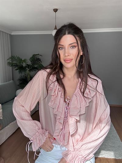 Pembe Fırfırlı Bohem Bluz