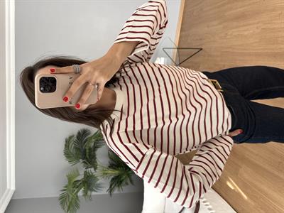 Bordo Çizgili Pamuklu Bluz