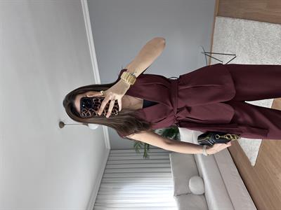 Bordo Kuşaklı Yelekli Takım