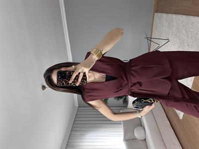 Bordo Kuşaklı Yelekli Takım