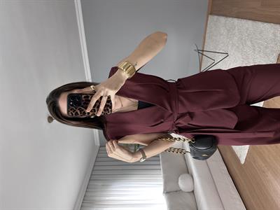 Bordo Kuşaklı Yelekli Takım