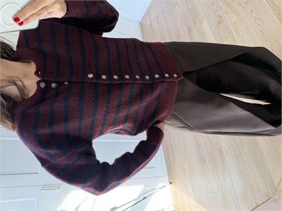 Bordo Lacivert Çizgili Yün Dokulu Hırka
