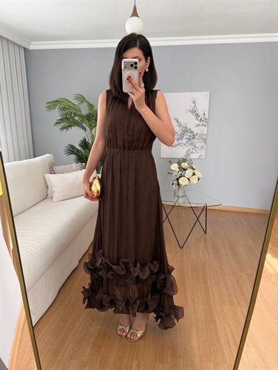 Brisa Kahve Rengi Uçları Volanlı Elbise 