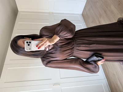 Brisa Kahve Rengi Uçları Volanlı Uzun Kollu Elbise 