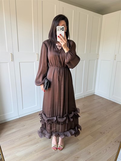 Brisa Kahve Rengi Uçları Volanlı Uzun Kollu Elbise 