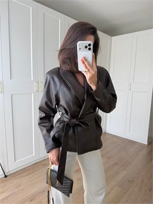 Browsa Acı Kahve Kemerli Deri Ceket
