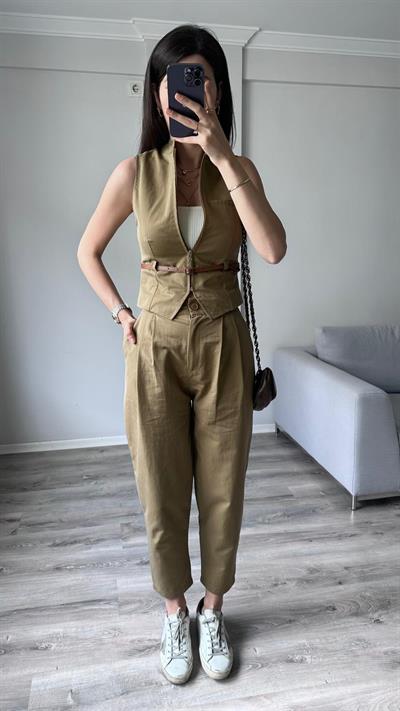 Camel Fermuarlı Yelekli Takım 