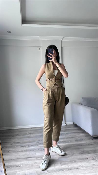 Camel Fermuarlı Yelekli Takım 