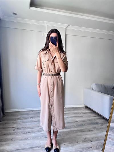 Camel Rengi Tencel Kumaş Kemerli Elbise 