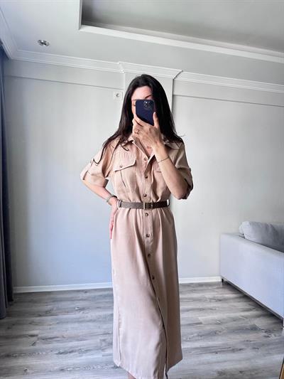 Camel Rengi Tencel Kumaş Kemerli Elbise 