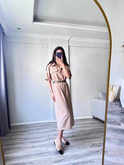 Camel Rengi Tencel Kumaş Kemerli Elbise 