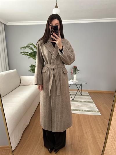 Çizgili Açık Vizon Meleni Kaban