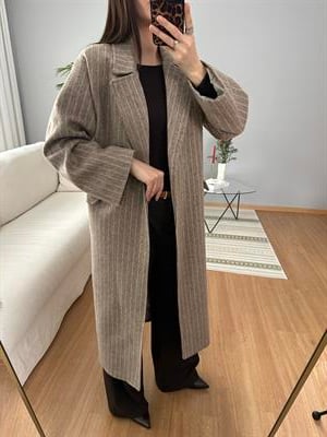 Çizgili Açık Vizon Meleni Kaban