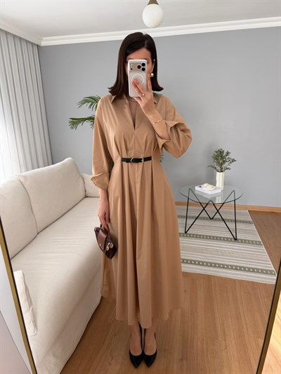 Coqueli Kemer Detaylı Camel Renk Elbise