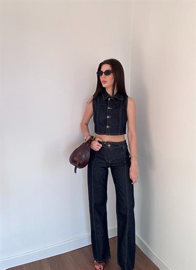 Crop Yelekli Denim Takım