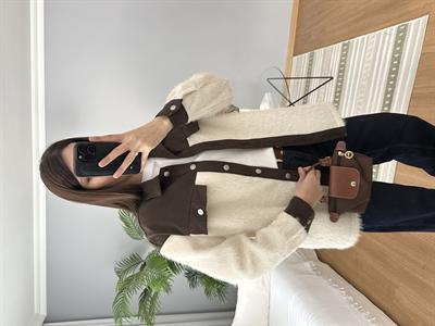 Kahve Denim Detaylı Ekru Renk Yün Ceket 