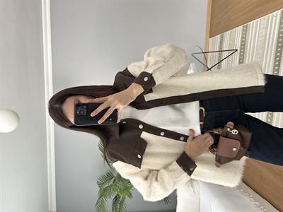 Kahve Denim Detaylı Ekru Renk Yün Ceket 