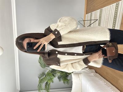 Kahve Denim Detaylı Ekru Renk Yün Ceket 