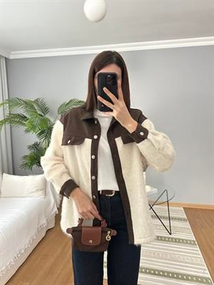 Kahve Denim Detaylı Ekru Renk Yün Ceket 