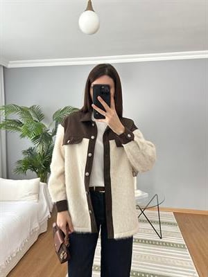 Kahve Denim Detaylı Ekru Renk Yün Ceket 