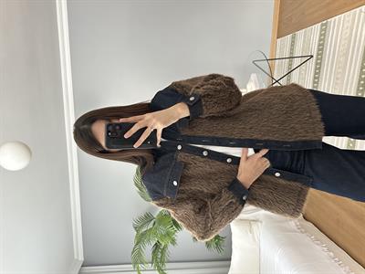 Denim Detaylı Kahve Rengi Yün Ceket 