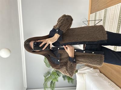 Denim Detaylı Kahve Rengi Yün Ceket 