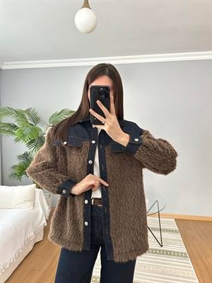 Denim Detaylı Kahve Rengi Yün Ceket 
